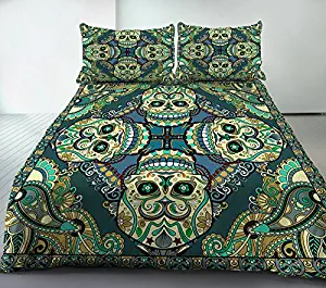 Anoleu Fine Printed When Boho met Skull Series-Green, Cotton Paisley and Skull Duvet Cover Set 3 PC (1 Duvet Cover + 2 Pillowcases) (Queen)