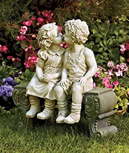 Roman Style Sculpture Of A First Kiss Between A Young Boy and Girl Sitting on a Bench Garden Statue