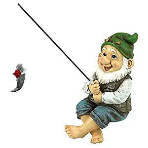 Garden Gnome Statue - Ziggy the Fishing Gnome Sitter - Outdoor Garden Gnomes - Funny Lawn Gnome Statues