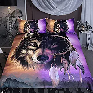 Sleepwish Wolf Dream Catcher Bedding, Tribal Wolf Midnight Mountains Print, Inspired Gold and Purple Duvet Cover, 3 Piece (Twin)