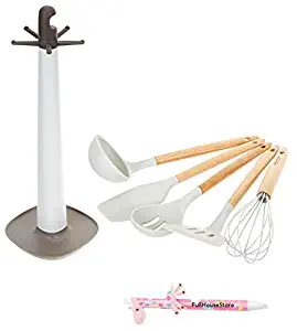 Style & Living Wood Silicone Cooking Utensils Set, 6pcs Kitchen Utensils Set for Nonstick Heat-Resistant Cookware, Kitchen Tools Set, Soup Ladle, Turner, Spoon, Spatula, Whisk, Holder Included, Light