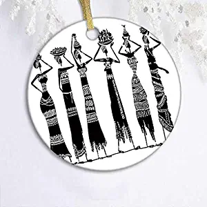 128 buyloii African Woman,Sketch of Local Women with Jugs Silhouettes Tribal Patterned Dresses DecorativBlack and White Round Xmas Gifts Christmas Tree Ornaments Ideas 2019
