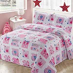 Luxury Home Collection 2 Piece Twin Size Quilt Coverlet Bedspread Bedding Set for Kids Teens Girls Princess Castle Crown Flowers Hearts Stars Pink White Purple Blue (Twin Size)