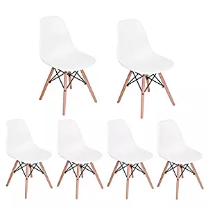 HOMY CASA Homycasa Eiffel DSW Style Mid Century Side Dining Chairs Molded Plastic Cover Natural Wood Legs(Set of 6, White)