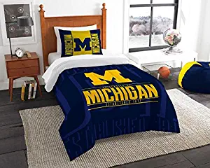 Michigan Wolverines - 2 Piece TWIN Size Printed Comforter Set - Entire Set Includes: 1 Twin Comforter (64”x86”) & 1 Pillow Sham - NCAA College Bedding Bedroom Accessories