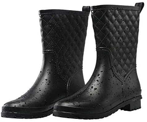 Petrass Women Rain Boots Black Waterproof Mid Calf Lightweight Cute Booties Fashion Out Work Comfortable Garden Shoes