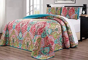 3-Piece Oversize (100" X 95") Fine Printed Prewashed Quilt Set Reversible Bedspread Coverlet Full/Queen Size Bed Cover (Turquoise Blue, Sage Green, Orange, Terra Cotta Red)