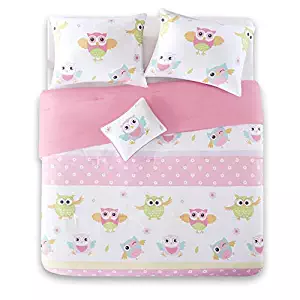 Comfort Spaces Kid 4 Piece Full/Queen Bed Comforter Cute Owl Animal Flowers Poka Dot Striped Design Decor Girls Down All Season Alternative Bedspread Set, Pink