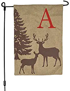 JEC Home Goods Home Garden Flags Monogram - Garden Flags Winter Deer & Snow Scene on Burlap - 12.5 x 18 (Letter P)