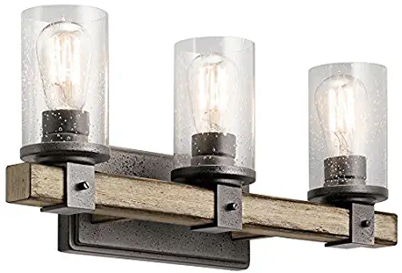 KICHLER 37421 3-Light Anvil Iron Driftwood Glass Cylinder Bathroom Vanity Fixture