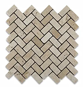 Ivory (Light) Travertine 1 X 2 Herringbone Mosaic Tile, Tumbled - Box of 5 sq. ft.