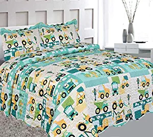 Elegant Home Green Beige Yellow Teal Trucks Tractors Cars Construction Site Design 3 Piece Coverlet Bedspread Quilt Kids Teens Boys Full Size # Car (Full Size)