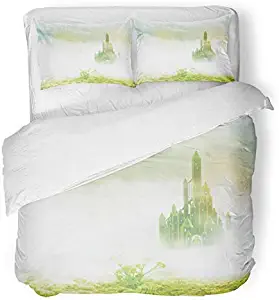 Emvency 3 Piece Duvet Cover Set Brushed Microfiber Fabric Breathable Yellow Wizard Emerald City in Mist Green Road Brick Magic Fairytale Fantasy Bedding Set with 2 Pillow Covers Full/Queen Size