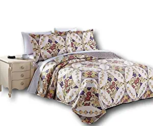 DaDa Bedding Elegant Bedspread Set - Wisteria Roses Floral Quilted Coverlet - Multi Color Dusty Rose Mauve Purple - Queen - 3-Pieces