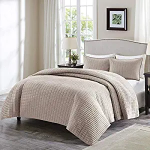 Comfort Spaces Kienna 3 Piece Quilt Coverlet Bedspread Ultra Soft Hypoallergenic Microfiber Stitched Bedding Set, Full/Queen, Taupe