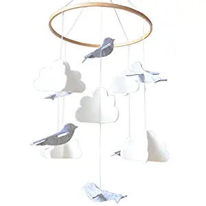 Baby Crib Mobile by Sorrel & Fern - Birds & Clouds- Felt Nursery Ceiling Decoration for Girls & Boys | Grey & White |