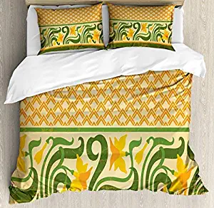 Dream-Decor Twin Size Art Nouveau 4 Piece Bedding Set Duvet Cover Set, Fresco Ornament Geometric Pattern with Exotic Daffodil Floral Border, Comforter Cover Bedspread Pillow Cases with Zipper Closure