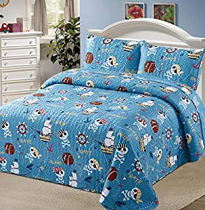 Luxury Home Collection 2 Piece Twin Size Quilt Coverlet Bedspread Bedding Set for Kids Teens Boys Pirates Ships Treasure Chest Island Skulls Blue White Red Yellow (Twin Size)