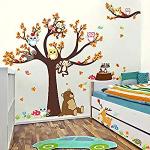 New Design Cute Monkey Owls Big Tree Jungle Animals Wall Stickers 30 90 2 Decal Kids, Happi Tree Owl - Owls Nursery Decor, Monkey Elephant, Kids Tree Wall Stickers, Elephant Nursery Decal