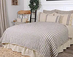 Piper Classics Market Place Blue Ticking Stripe Quilt, Queen, 90" x 90", Blue & Natural Cream Quilted Country Farmhouse Bedding