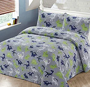 Luxury Home Collection 2 Piece Twin Size Quilt Coverlet Bedspread Bedding Set for Kids Boys Dinosaurs Navy Blue Gray White Green (Twin Size)