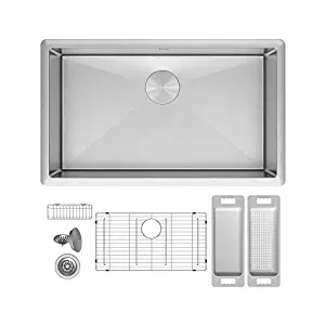 ZUHNE Modena 30 x 18 Inch Single Bowl Under Mount 16 Gauge Stainless Steel Kitchen Sink Workstation W. Grate Protector, Caddy, Colander Set, Drain Strainer and Mounting Clips, Fits 33" Cabinet