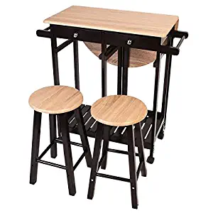 Costway 3PC Wood Kitchen Island Rolling Cart Set Dinning Drop Leaf Table w/ 2 Stools