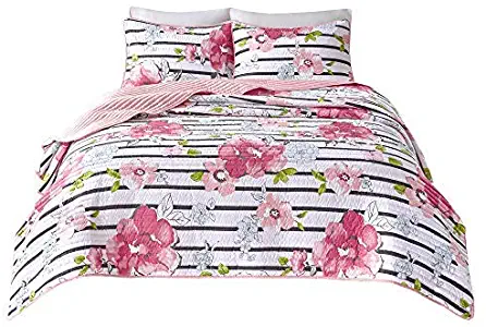 Comfort Spaces Zoe 3 Piece Quilt Coverlet Bedspread Adorable Ultra Soft Microfiber Printed Floral Design Bedding Set, Queen, Pink