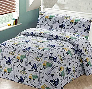Luxury Home Collection 2 Piece Twin Size Quilt Coverlet Bedspread Bedding Set for Kids Teens Construction Equipment Trucks Crane Cement Mixer Bulldozer Navy Blue White Gray Yellow Green (Twin Size)