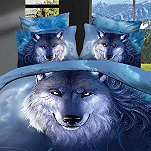 Ammybeddings 3D Blue Wolf Bedding Sets Twin,4 Piece 400 Thread Count 100% Cotton Duvet Cover Sets Twin Blue,Christmas Gift Home Decoration