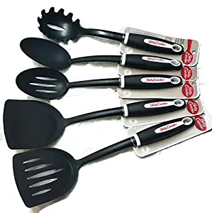 Betty Crocker Large Kitchen 5 Piece Serving Utensil Set, Black Soft Grip Handle by Betty Crocker