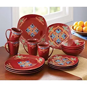 Better Homes and Gardens Medallion 16-Piece Square Dinnerware Set Made of stoneware, Dishwasher and microwave safe, Red