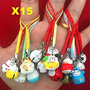 EatingBiting（R）15pcs Random Maneki Neko Fortune Lucky Japanese Beckoning Cat Keyring Keychain Key Rings, Fengshui Fortune Lucky Cat Kitty Key Chains Wealth Health Fortune Rich Money Symbol 15 Pack