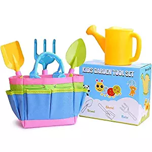 INNOCHEER Kids Gardening Tools, Outdoor Toys and Learning Toys Garden tool set for Kids with Watering Can, Shovel, Rake, Trowel and Tote