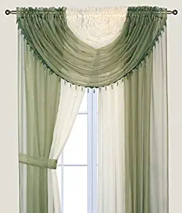 Elegant Home Complete Multicolor Window Sheer Curtain All-in-One Set with 4 Attached Panels and 2 Valances and Two Tiebacks for Living Room, Dining Room, Or Any Other Windows- L (Sage Green/Beige)