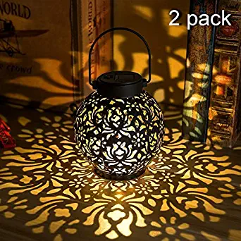 {2 Pack} Outdoor Solar Hanging Lantern Lights Metal LED Decorative Light for Garden Patio Courtyard Lawn and Tabletop with Hollowed-Out Design. 2 Color Options Black and Bronze.