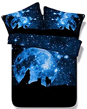 LOUHO Wolf and Moon Bedding Sets Cotton Bedding Sets 4 Pieces,1 Duvet Cover,1 Flat Sheet,2 Pillowcases, No Comforter (Full, Nebula Wolf)