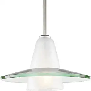 Progress Lighting P5011-09 Contemporary Stem-Hung Pendant with An Etched Glass C1 Supporting A Curved Clear Glass Shade Canopy, Brushed Nickel by Progress Lighting