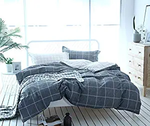 3-Piece Simple Geometric Square Pattern Bedding Sets/Collections,Modern and Fashionable Plaid Cotton Anti Allergy Duvet Cover with Sham Sets for Home Decor,Grey,Queen