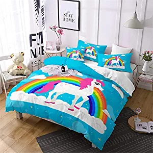 Jessy Home Unicorn Duvet Cover Rainbow Cartoon 3D Bedding Set for Kids 3 Pieces Blue Queen (2 Pillowcases)