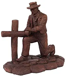 Solid Rock Stoneworks Kneeling Cowboy At Cross Stone Statue 19in Tall Walnut Color