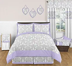 Sweet Jojo Designs 3-Piece Lavender Gray White Elizabeth Damask Print Children and Teen Full/Queen Girls Bedding Set Collection