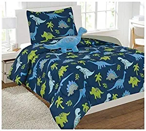 Fancy Linen 6 pc Twin Dinosaur Blue Light Blue Grey Green Comforter Set With Furry Buddy Included New # Dino Blue