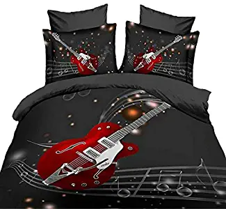 Suncloris,3d Fashion Red Guitar and Musical Queen Size, 4pc Bedding Sheet Sets,Duvet Cover,Flat Sheet,2* Pillowcase(no Comforter inside)