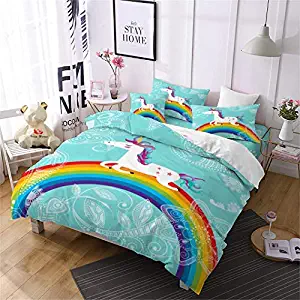 Jessy Home Duvet Cover 3 Piece Full Size Rainbow Unicorn Quilt Cover Bedroom Decora for Girls Children Gift Cartoon 3D Cute Bedding Set Mint Green (2Pillow Cases)