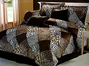 7 Piece KING Safari Comforter set - Zebra, Giraffe, Leopard, Tiger Etc - Multi Animal Print Bed in a Bag Brown Beige Black White Micro Fur Bedding