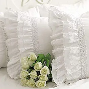 Queen's House Shams Standard Shabby Vintage White Embroidery Lace Ruffle Pillowcase Pillow Sham-1 Piece 