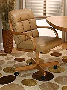 Casual Rolling Caster Dining Chair with Swivel Tilt in Oak Wood with Bonded Leather Seat and Back (1 Chair)