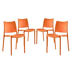 Modway Hipster Contemporary Modern Molded Plastic Stacking Four Kitchen and Dining Room Chairs in Orange - Fully Assembled