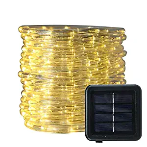 FUNIAO 33ft 240LED Solar Rope Lights LED String Lights Waterproof Solar Powered Decoration Light for Gardens, Patios, Homes, Parties (Warm White)